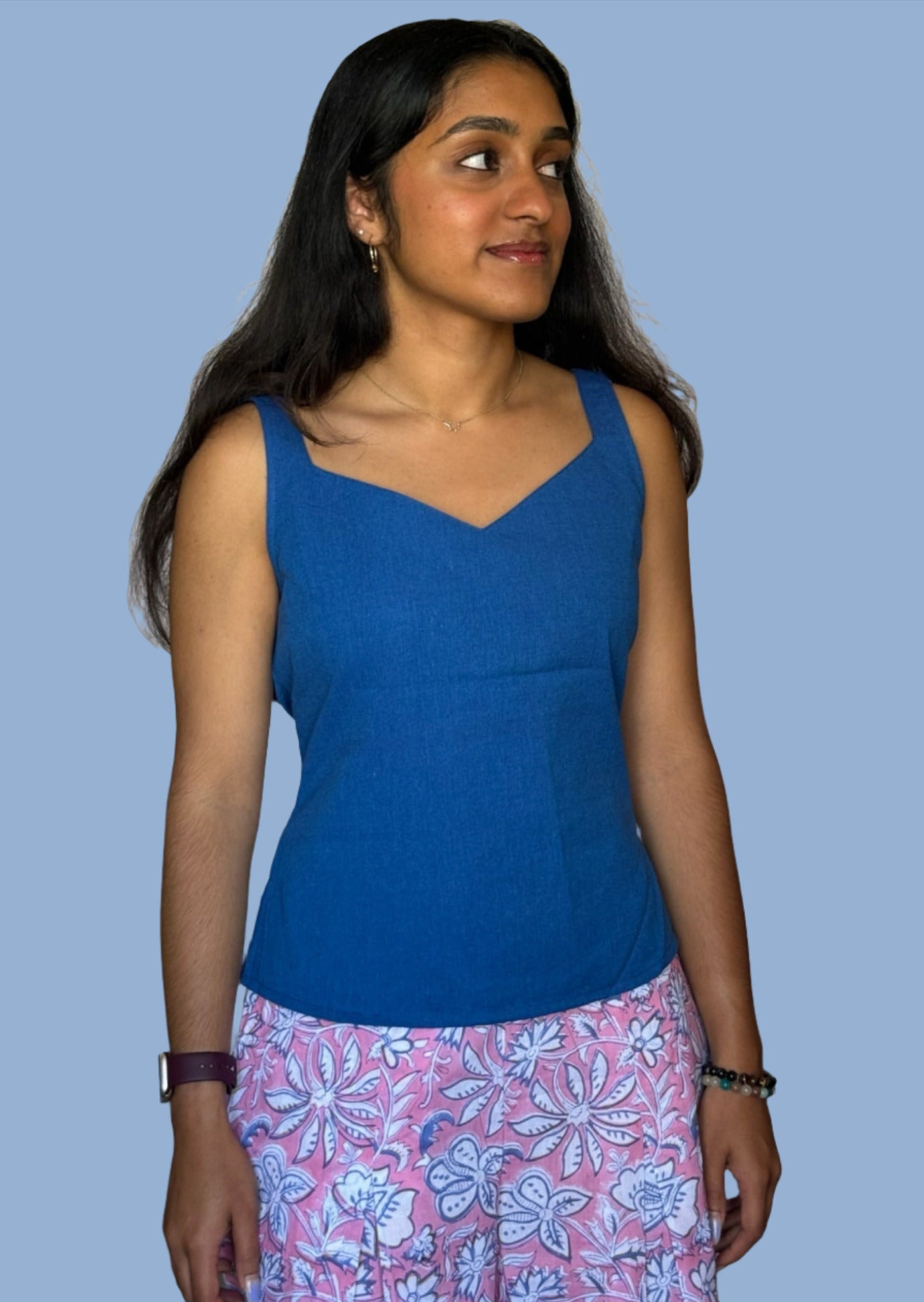 Indigo Iris - Blue Ikat Sweetheart Neck Top