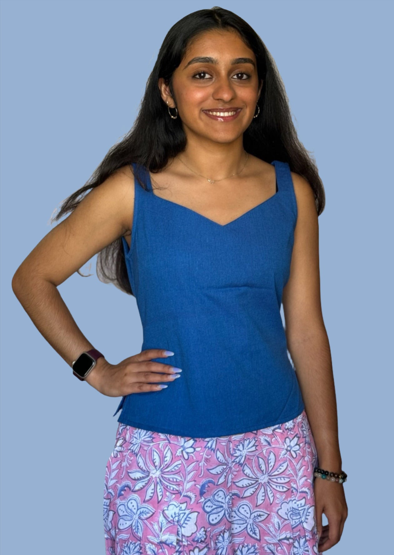 Indigo Iris - Blue Ikat Sweetheart Neck Top