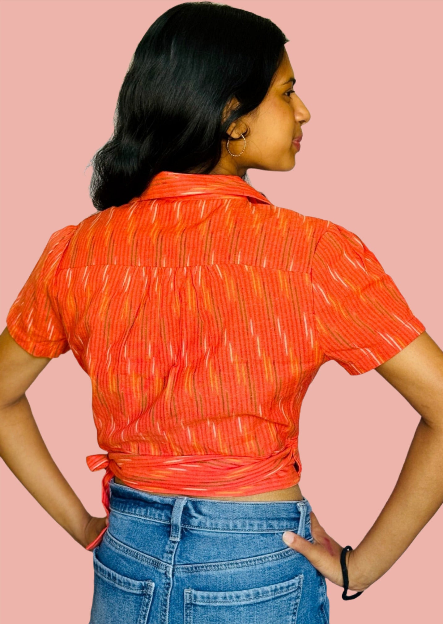 Crimson Harmony - Orange Ikat Wrap Top