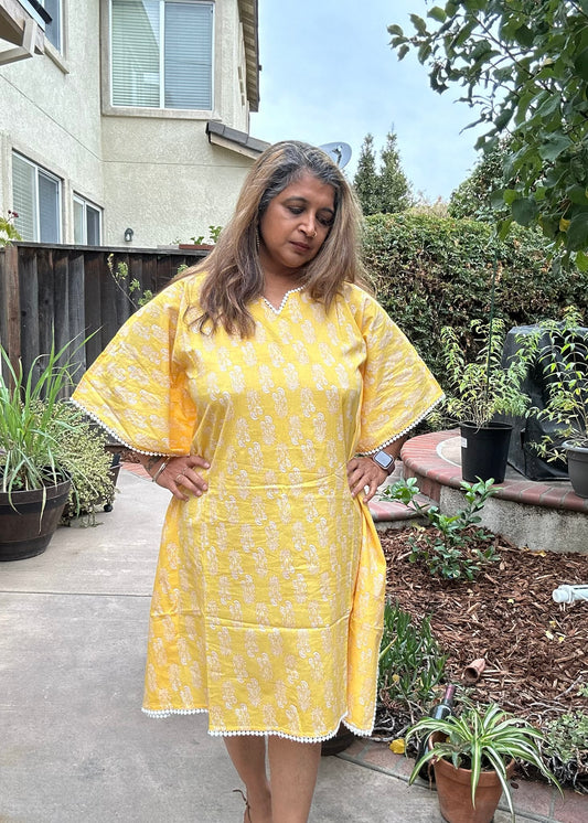 Yellow Primrose -  Floral Handblock Kaftan Dress