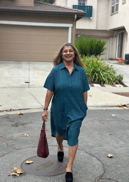 Indigo Breeze - Blue Ikat Cotton Long Shirt Dress