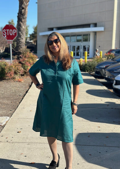 Petal Mandarin - Green Cotton Shirt Dress with Mandarin Collar