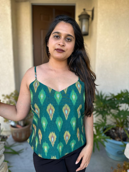 Peacock Paradise - Green Ikat Spaghetti top