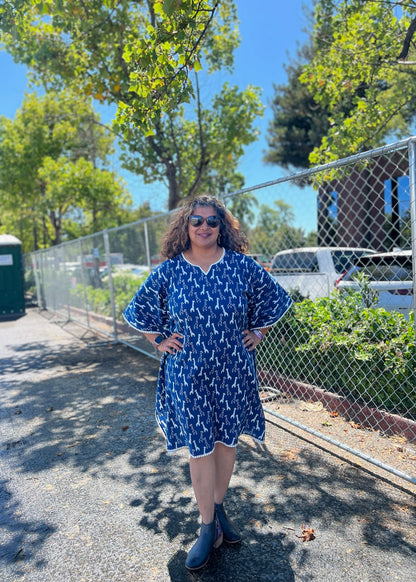 Savanna Chic - Indigo Handblock dress with Giraffe Print