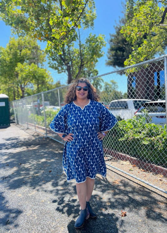 Savanna Chic - Indigo Handblock dress with Giraffe Print